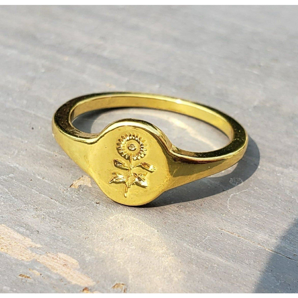Mini Brass Poppy Signet Ring size 8